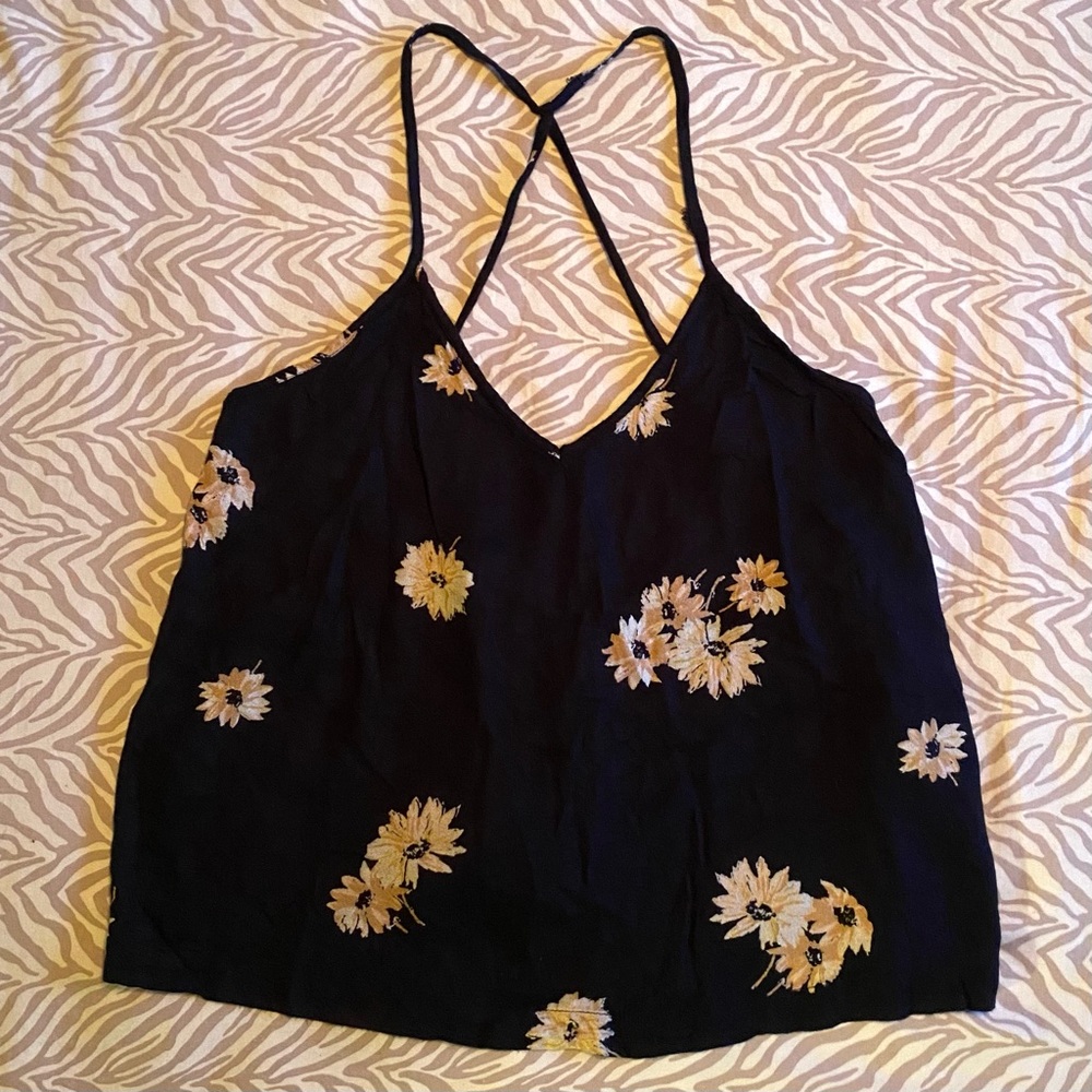 Volcom Flowy Low Back Cross Back V Neck Daisy Flower Strappy Tank Top Navy Blue